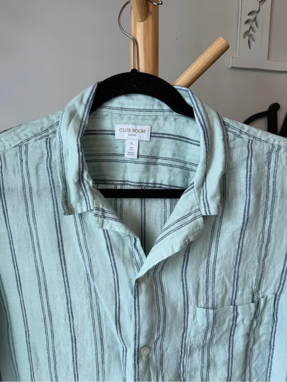Club Room Textured Linen Shirt Men’s Size XL Aqua Striped Short Sleeve Button up